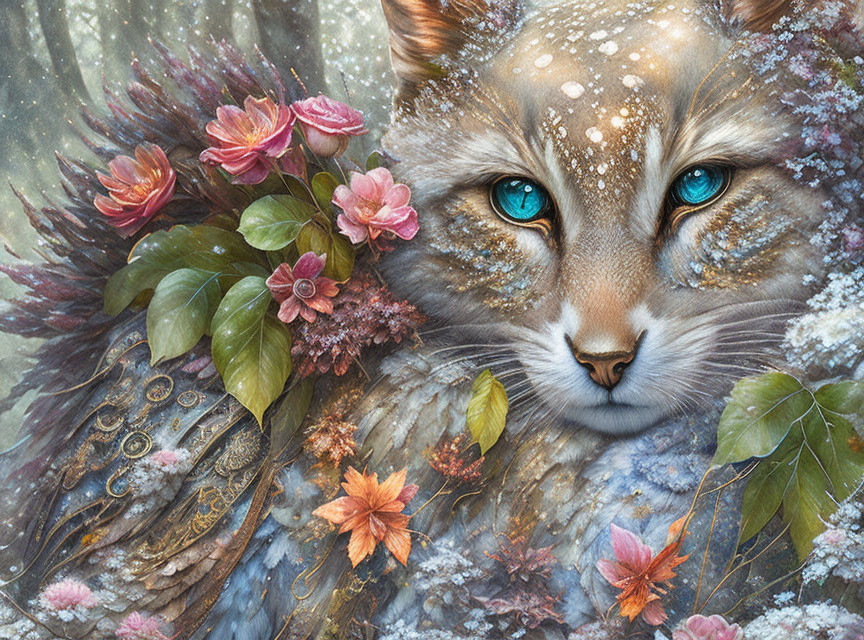 Mystical feline with vibrant blue eyes and nature-inspired adornments