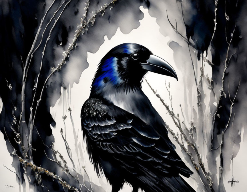 Monochromatic watercolor painting: Raven in bare branches