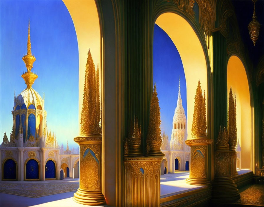 Ethereal blue skies and elaborate spires under golden arches