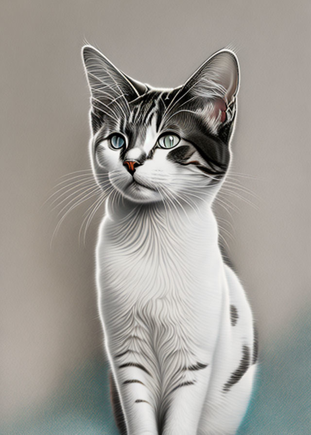 White and Grey Cat Illustration with Blue Eyes and Distinct Markings