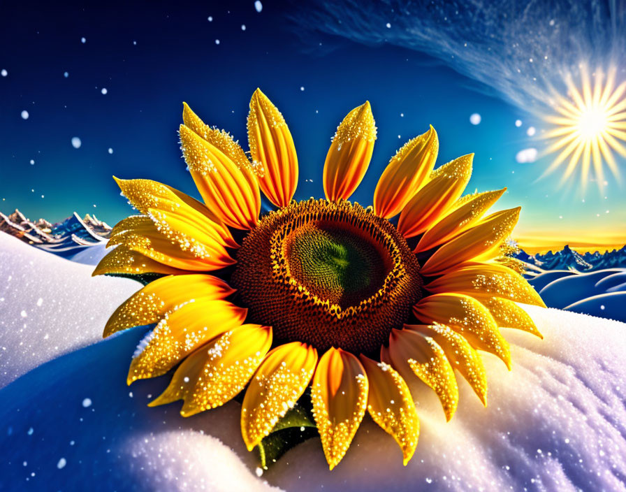 Sunflower with dew drops in snowy landscape under clear blue sky