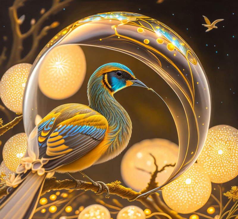 Colorful bird illustration with glowing orbs and swirls on twilight background