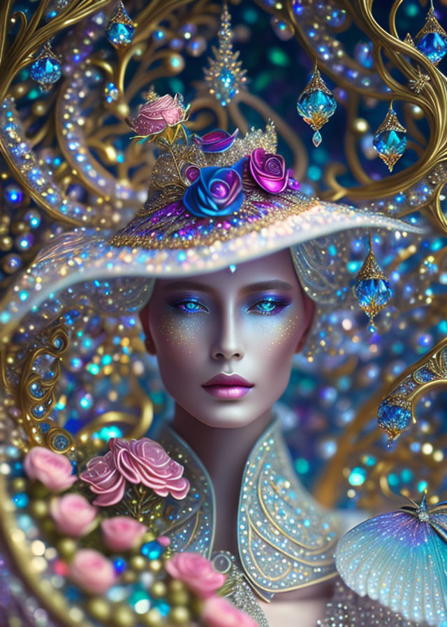 Surreal female figure with sparkling blue eyes and glittering attire surrounded by golden patterns and vibrant roses