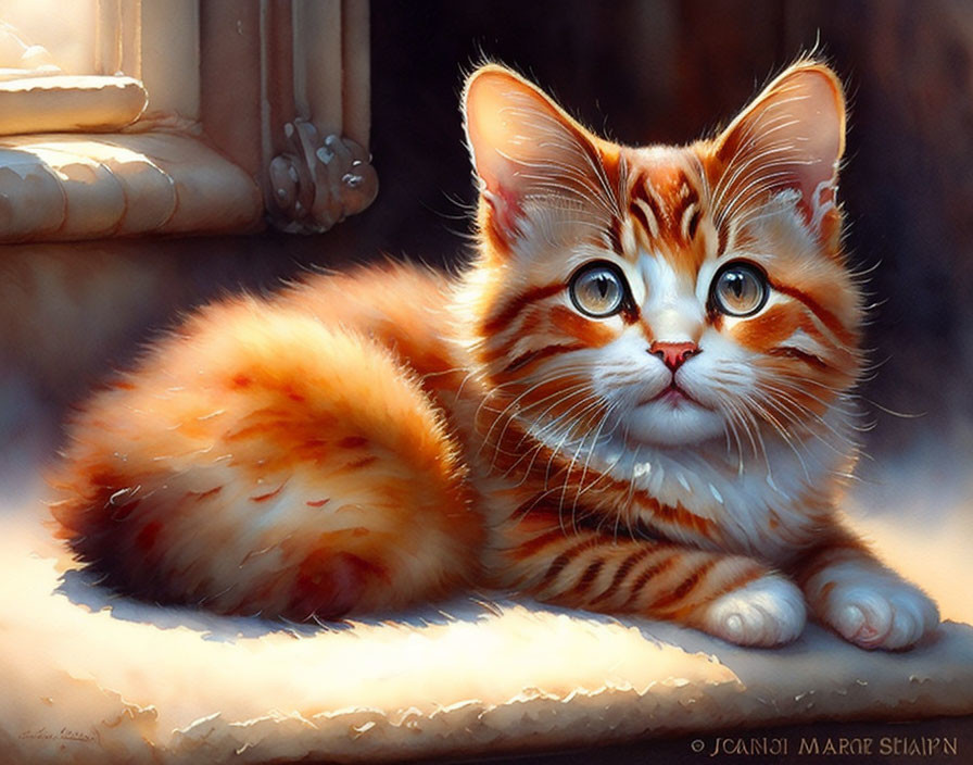 Orange and White Striped Kitten Sitting on Ledge in Sunlight