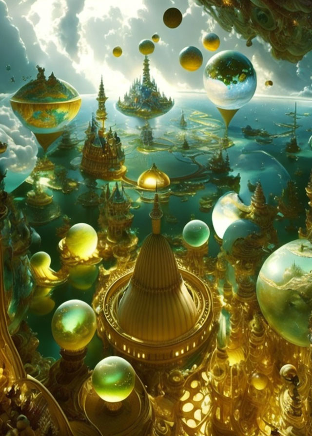 Fantastical floating islands with intricate golden architecture