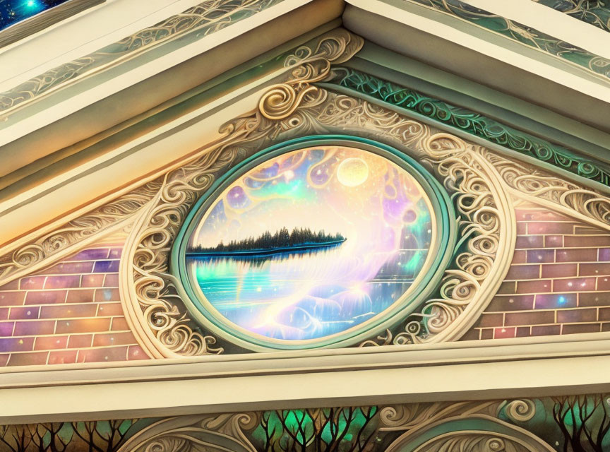 Luminescent landscape painting in ornate oval window