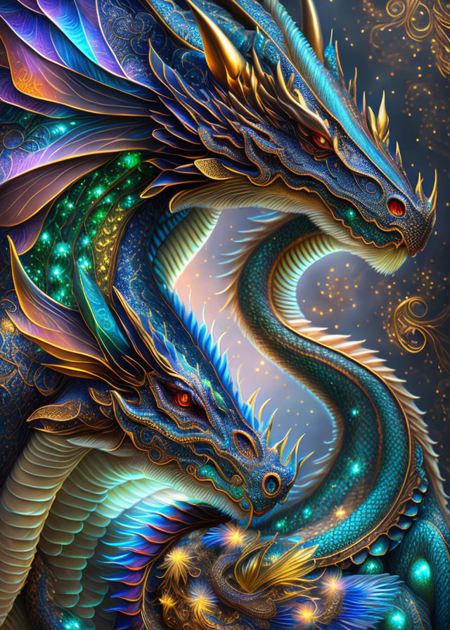 Intricately detailed digital artwork: Two dragons with blue and golden scales in cosmic setting