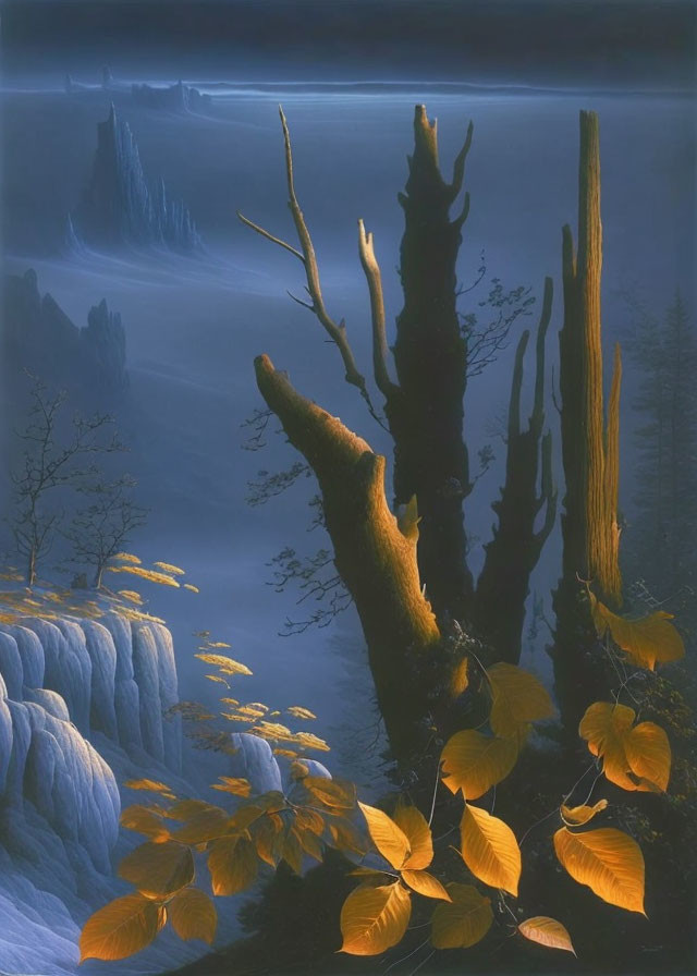 Moonlit Surreal Landscape with Leafless Trees and Misty Cliffs