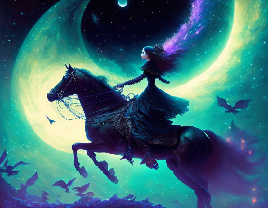 Surreal artwork: Woman on horse with flowing hair in cosmic scene