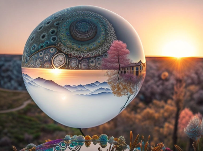 Surreal crystal ball reflecting scenic landscape with mountains, trees, house, sunset, and wildflowers