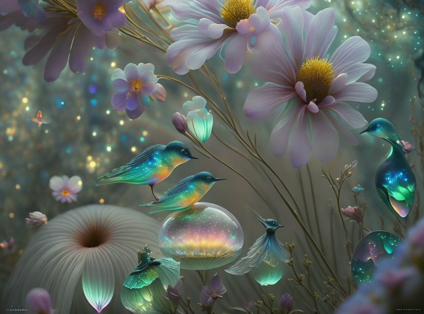 Iridescent Birds and Glowing Flowers in Starry Fantasy Scene