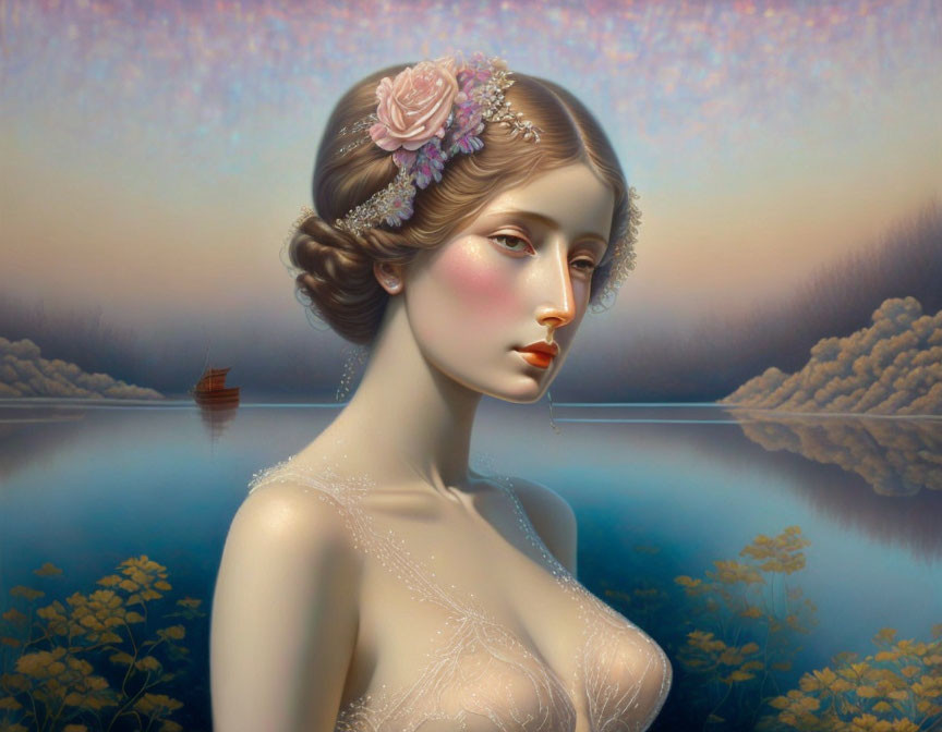 Ethereal woman with pink flower by tranquil lake