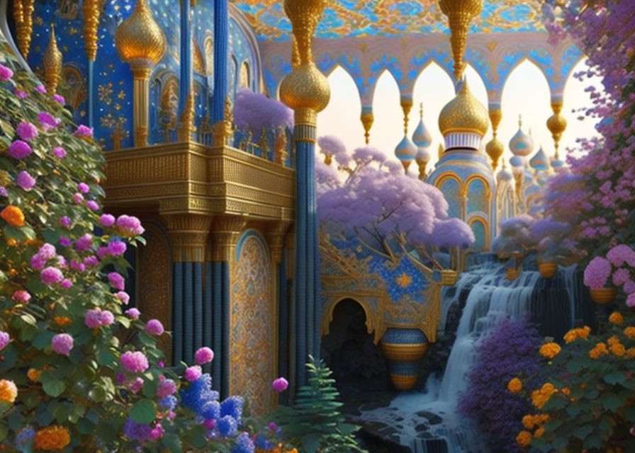 Fantasy palace with blue and gold domes in lush garden setting