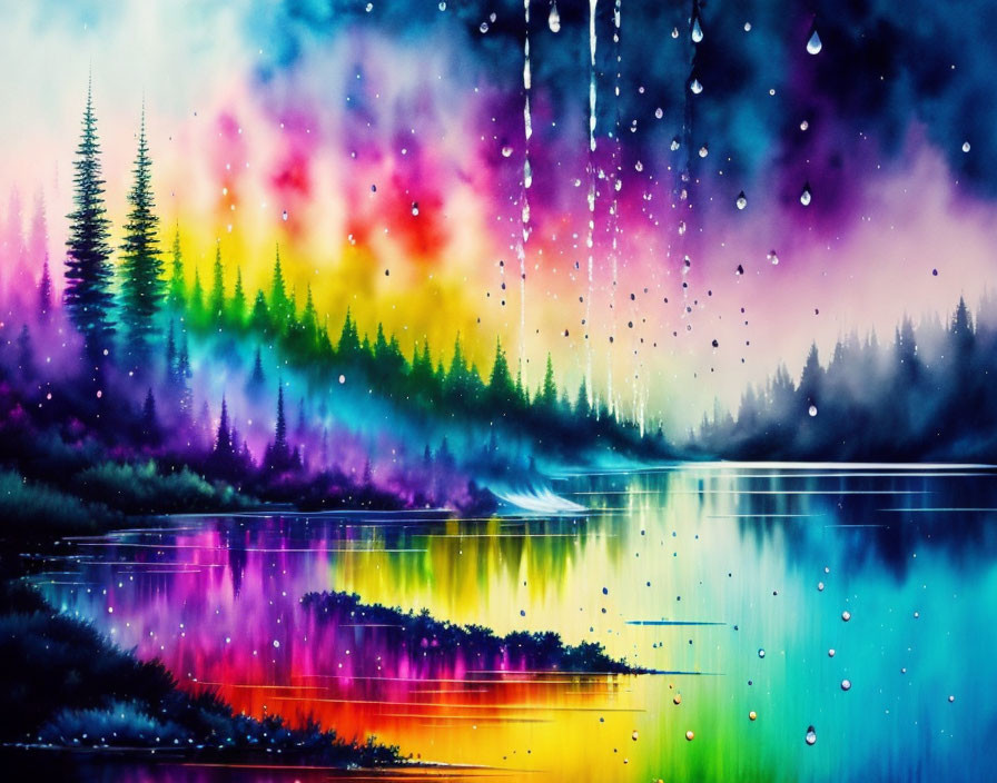 Colorful Forest Painting with Reflective Lake and Starry Sky