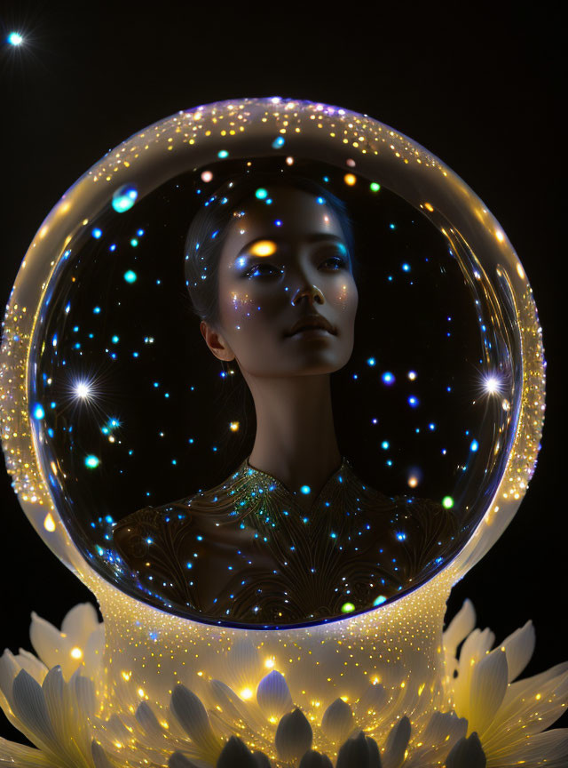 Portrait of Woman in Luminous Sphere with Glowing Necklace