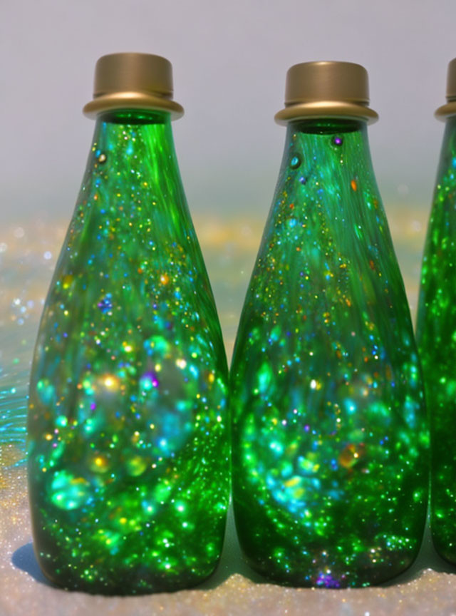 Translucent Green Bottles with Glitter and Gold Caps on Sparkling Surface