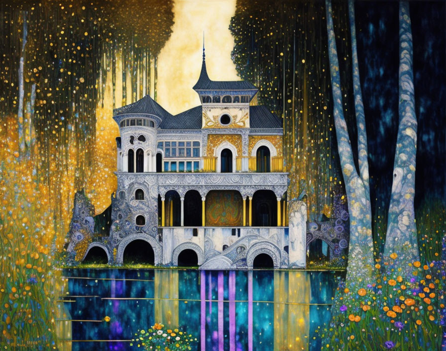 Majestic palace painting by lake at night with glowing lights