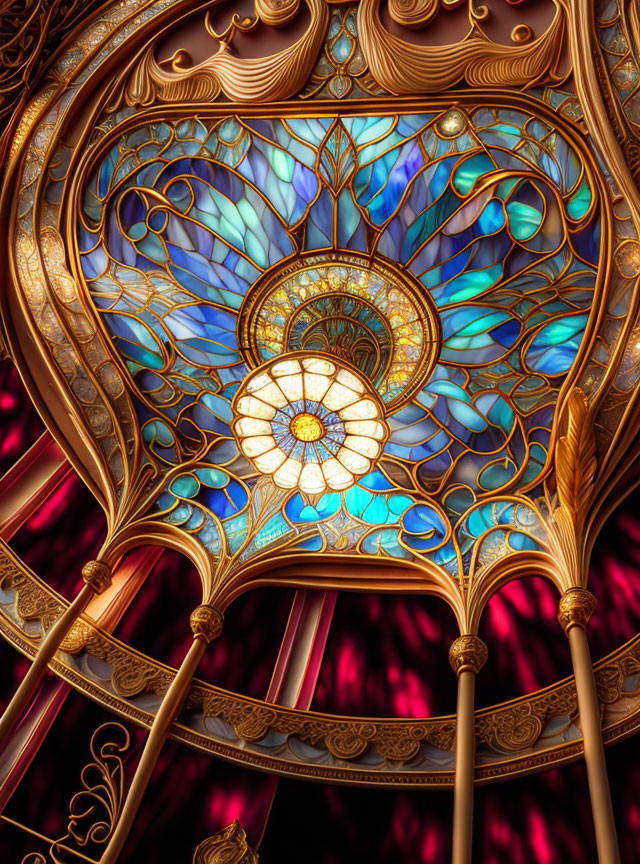 Intricate gold-trimmed stained glass ceiling centerpiece