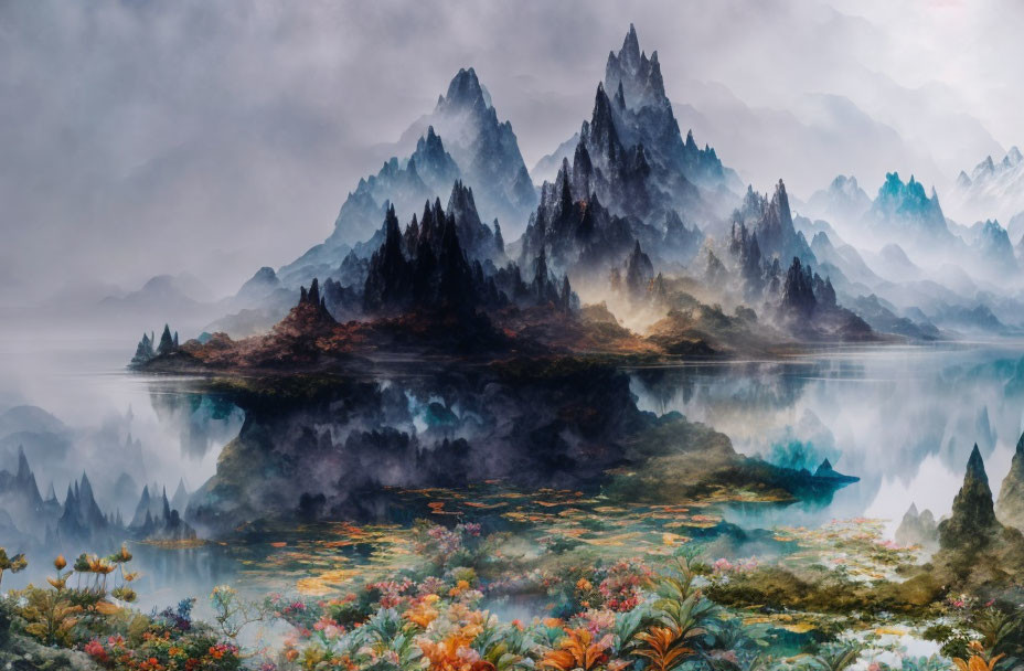 Mystical landscape with jagged mountains, serene lake, misty atmosphere, vibrant flora.