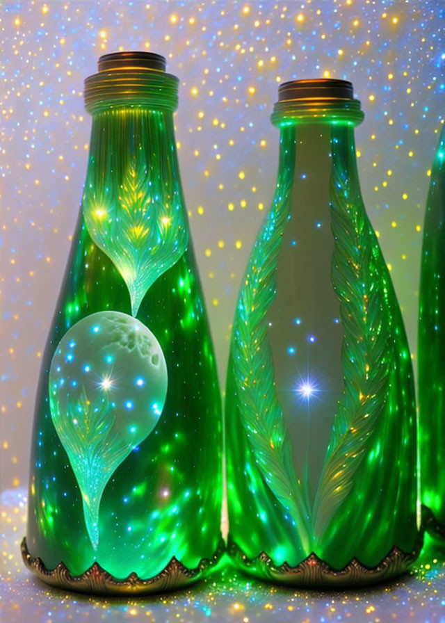 Illuminated decorative bottles with green light and plant-like patterns on golden background