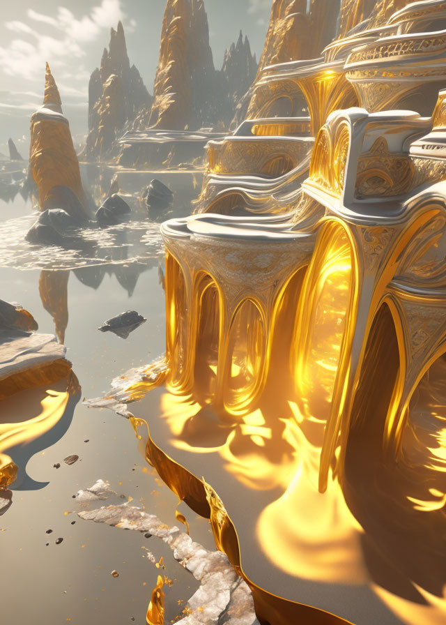 Intricate golden structure among rocky spires reflected in water