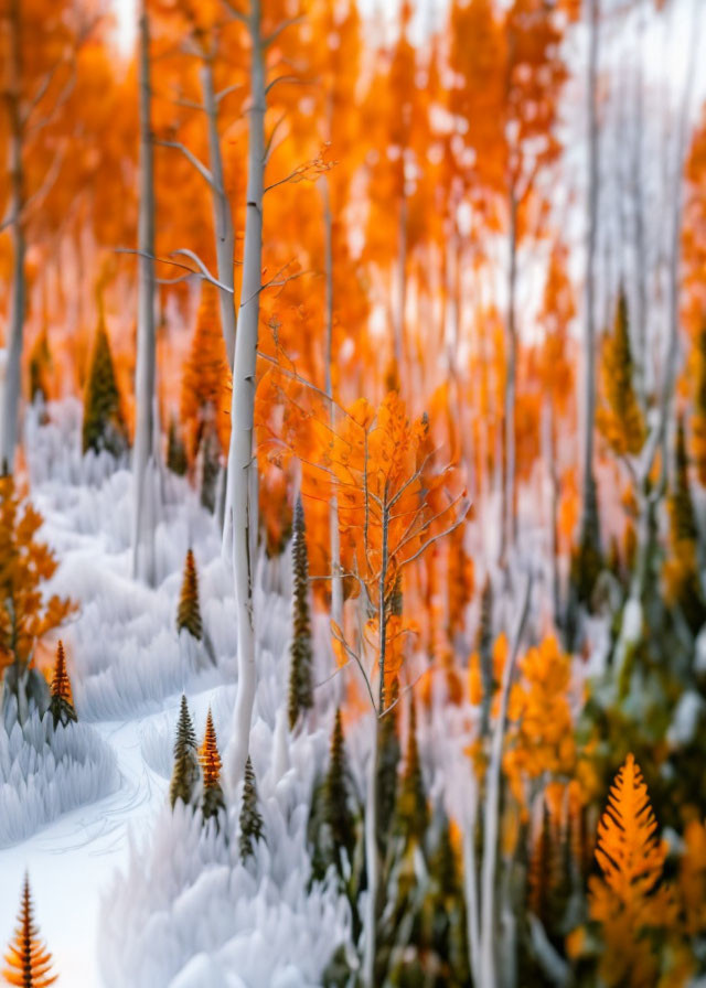 Winter landscape with winding path, snow-covered grounds, white trees, orange leaves contrast