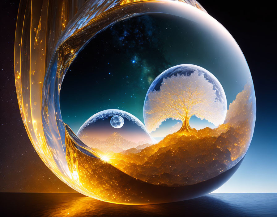 Surreal digital artwork: Nested spheres, trees, celestial scenes, day to night gradient