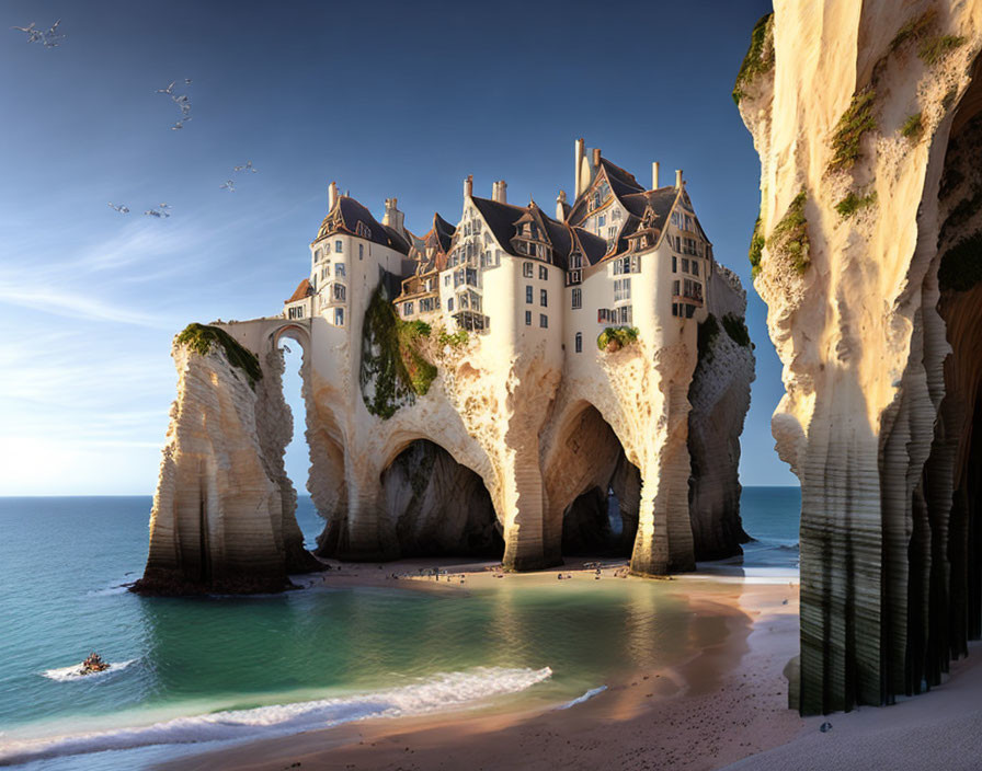 Composite Image: Multi-story Building Blended with Seaside Cliffs