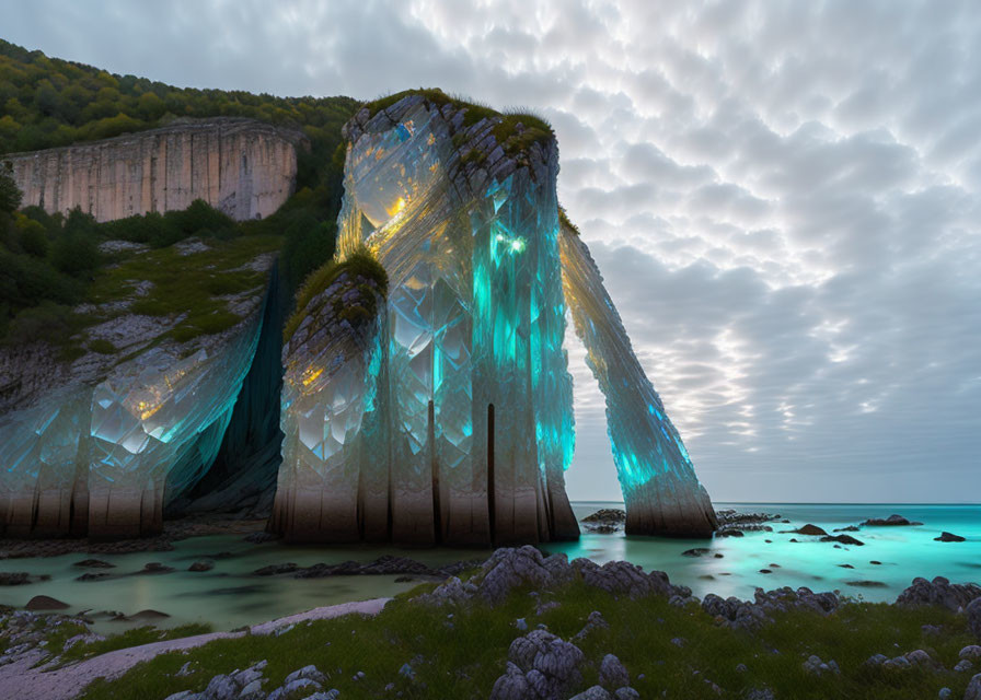 Fantastical landscape with glowing turquoise crystals on colossal cliff