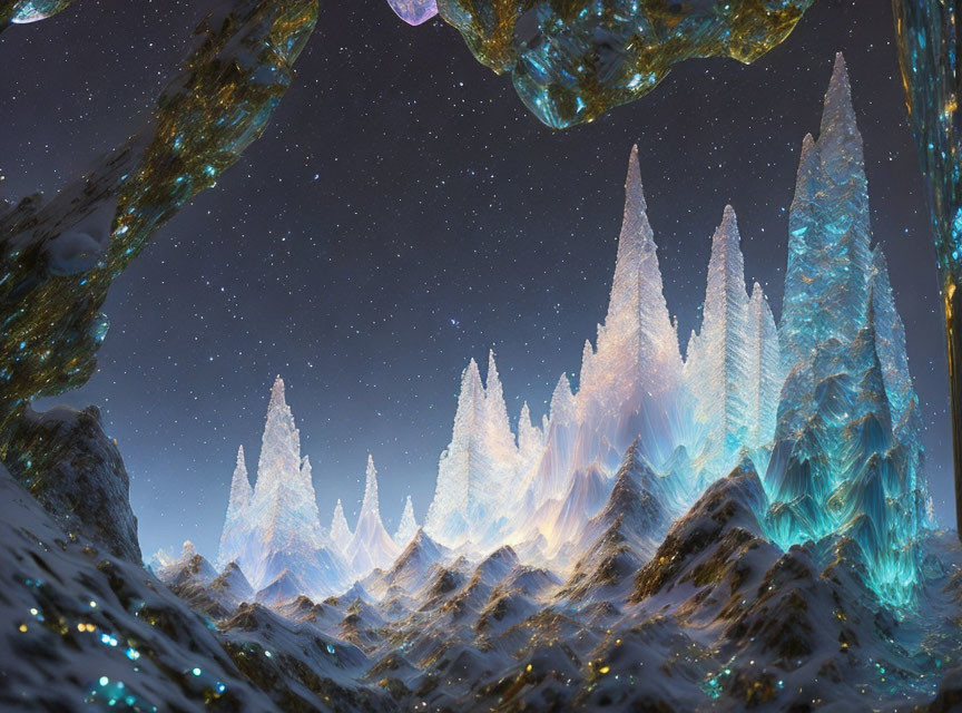 Mystic nightscape with glowing crystal formations in snowy terrain