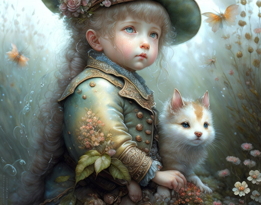 Child in vintage clothing with roses, white kitten, flowers, and butterflies in whimsical scene