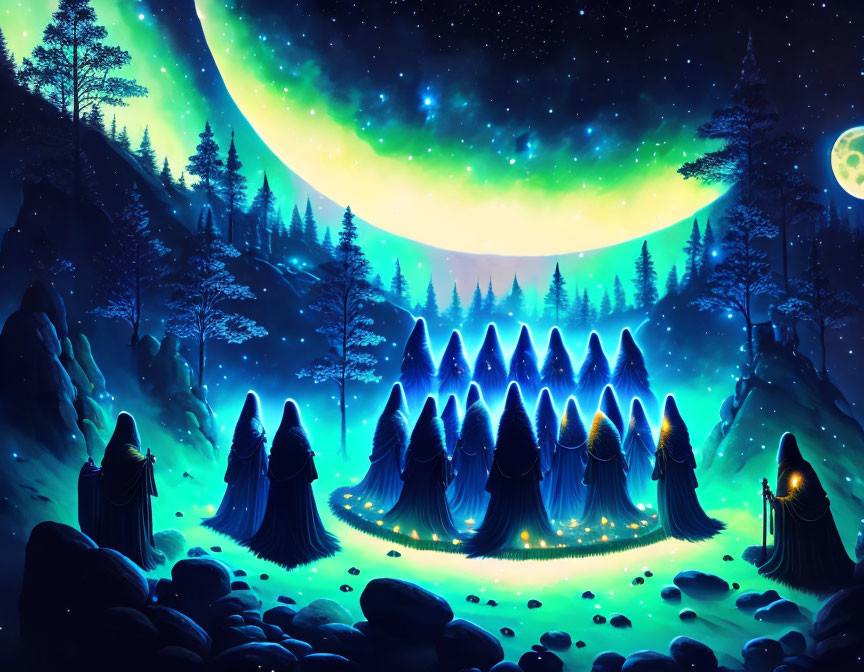 Mystical forest scene: cloaked figures under crescent moon