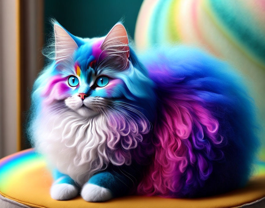 Multicolored fluffy cat on cushion in vibrant digital art