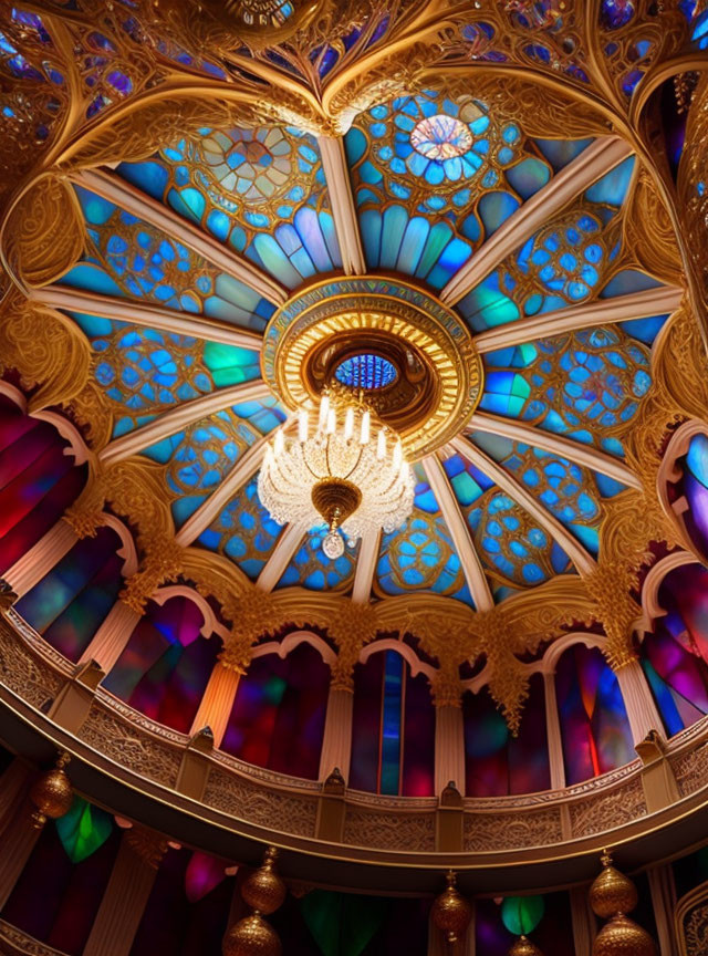 Luxurious Theater with Vibrant Stained Glass Ceiling