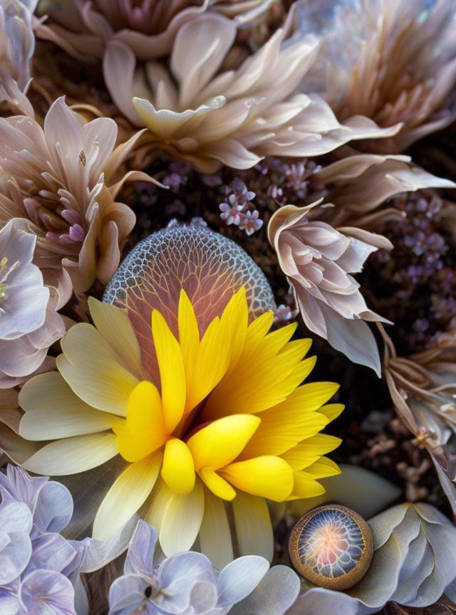 Colorful floral arrangement with yellow bloom and intricate botanical textures