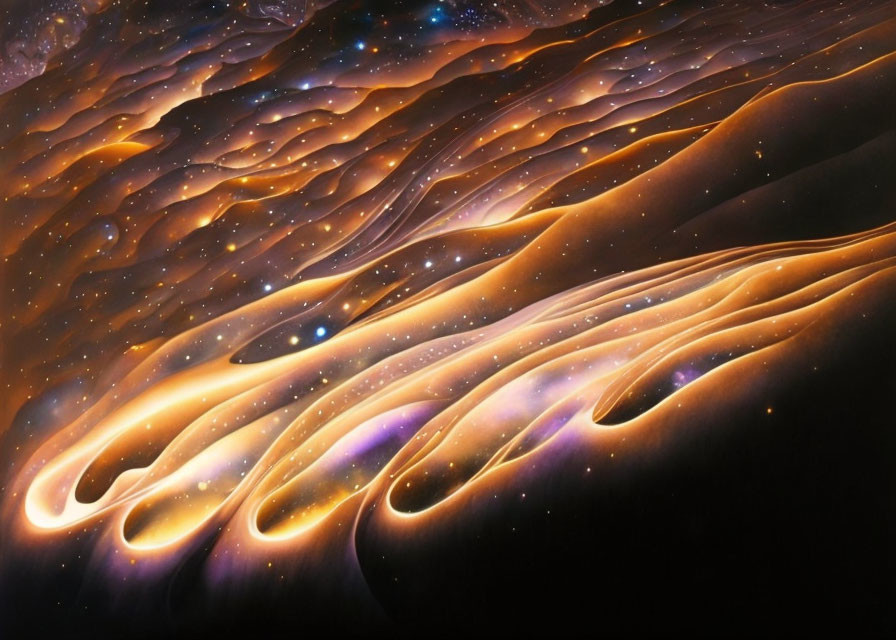 Abstract digital artwork: Orange and gold waves merge with cosmic stars and galaxies