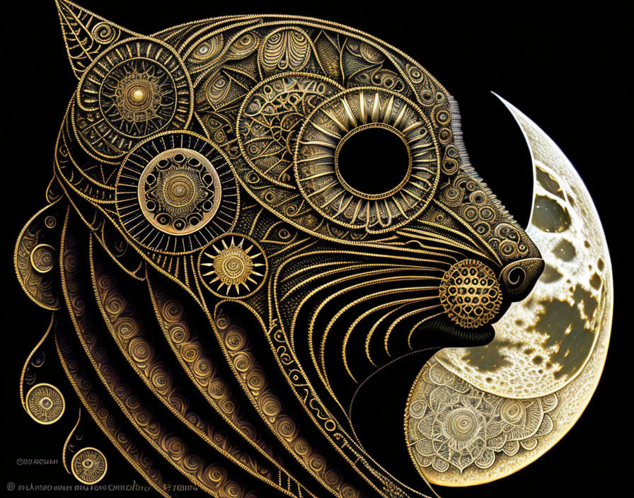 Intricate Golden Cat Illustration on Crescent Moon Background