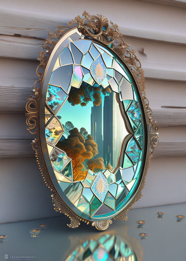 Ornate oval mirror with broken surface reflecting surreal scenery