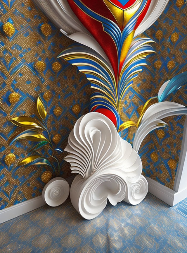 Dynamic 3D Wall Art Installation with Bold Red, Blue, and Gold Colors