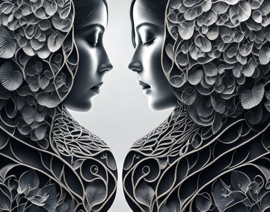 Symmetrical stylized female faces with floral patterns in monochrome.