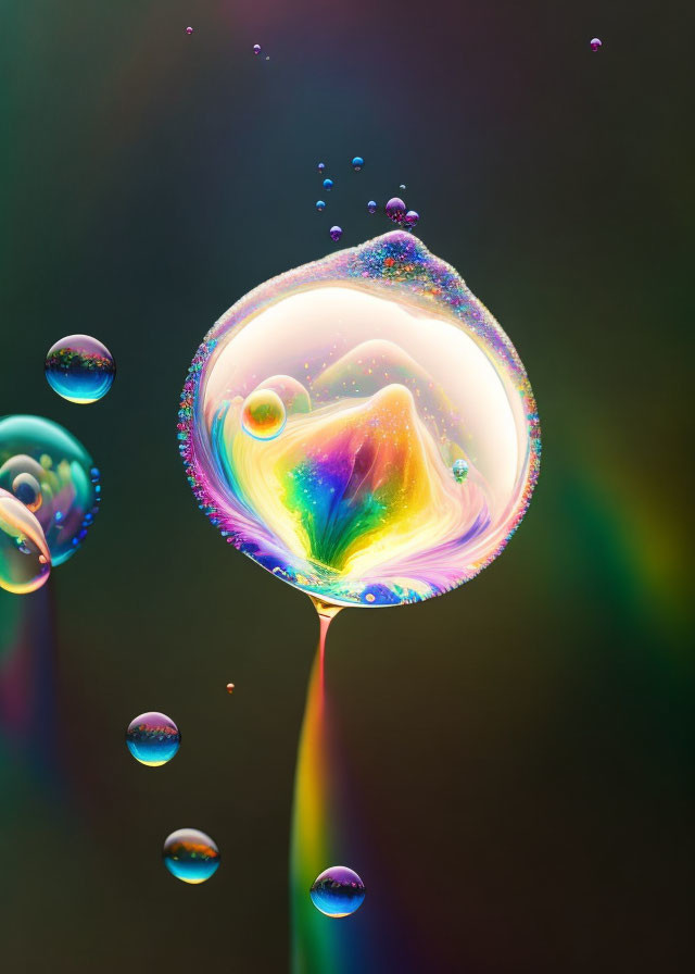 Vibrant iridescent soap bubbles on blurred colorful backdrop