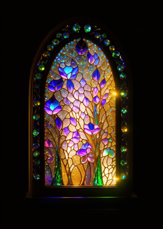 Floral Pattern Stained Glass Window with Gem-like Adornments