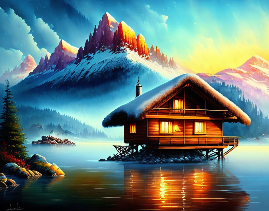 Wooden cabin on stilts over reflective lake with snowy mountains and colorful twilight sky