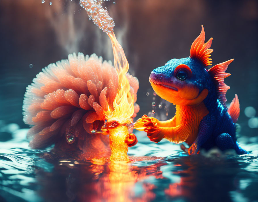 Colorful dragon-like creature playing with fire near flower entity on water