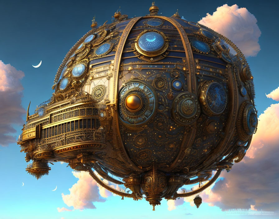 Ornate airship with metallic details in sky with crescent moon