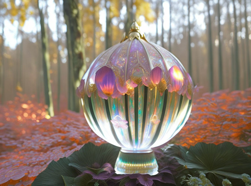 Iridescent Glass Orb on Purple Leaves in Forest Setting