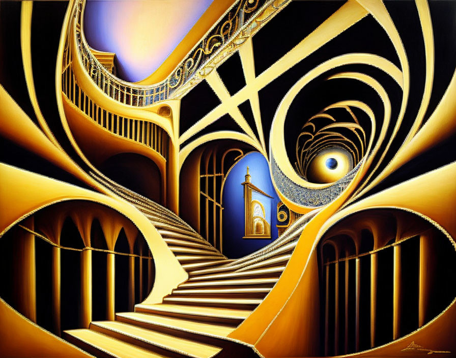 Intricate surreal painting: staircases, warm hues, arches, eye motif