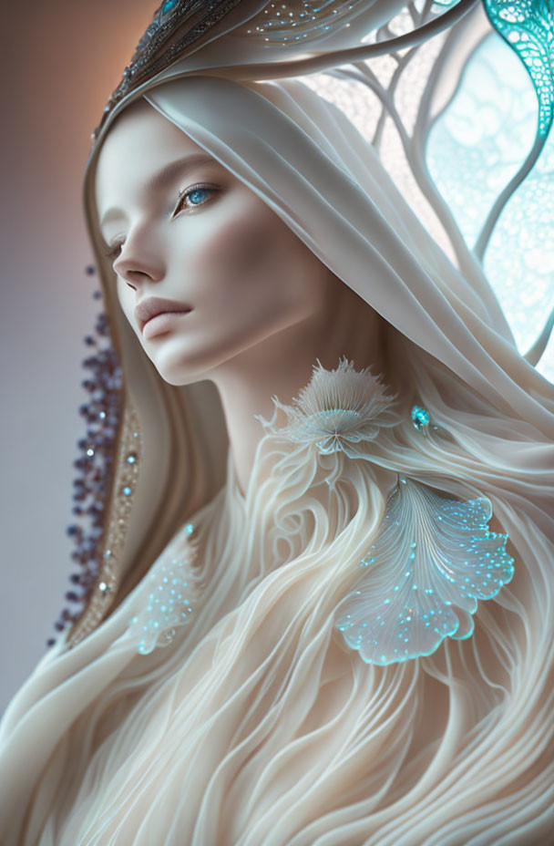 Ethereal female figure with white hair and ornate headdress