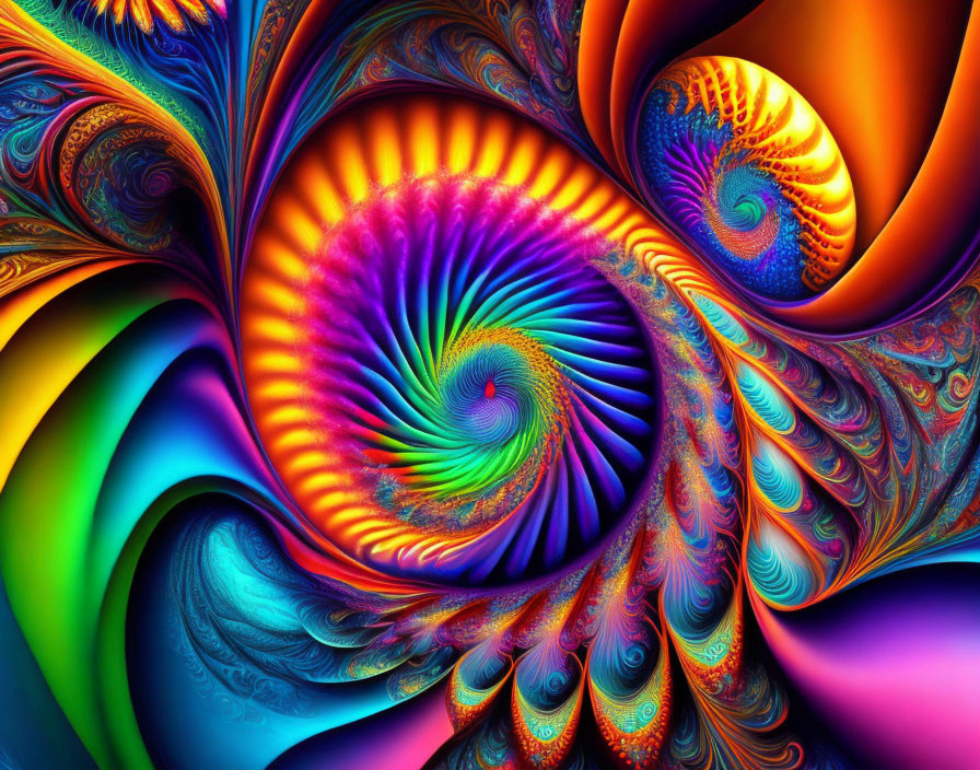 Colorful fractal art with swirling blue, orange, and purple spiral patterns