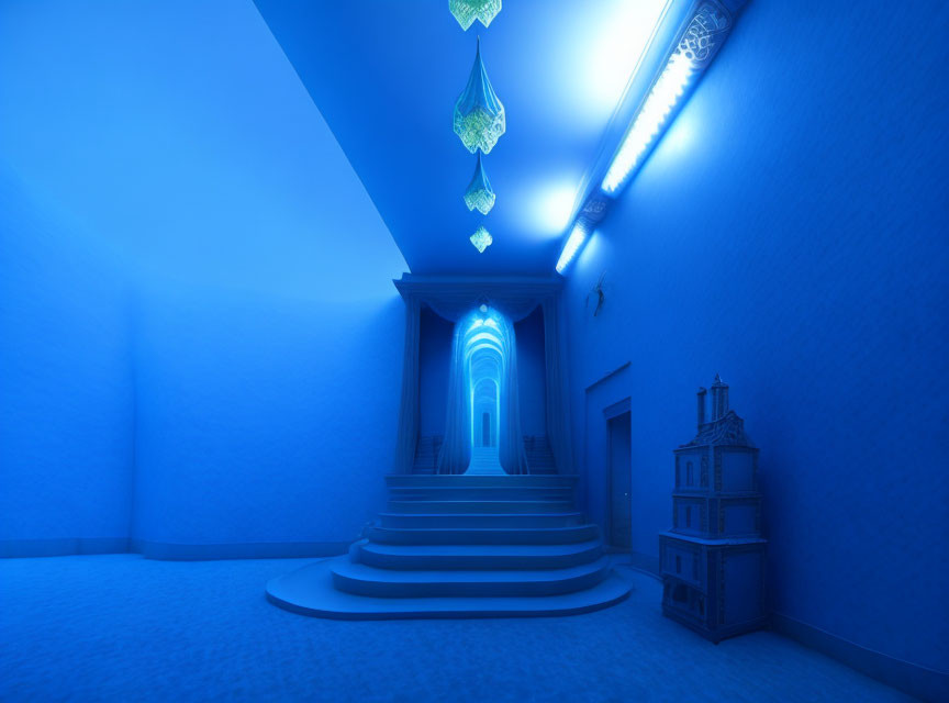 Surreal blue room with staircase, illuminated by unique lights